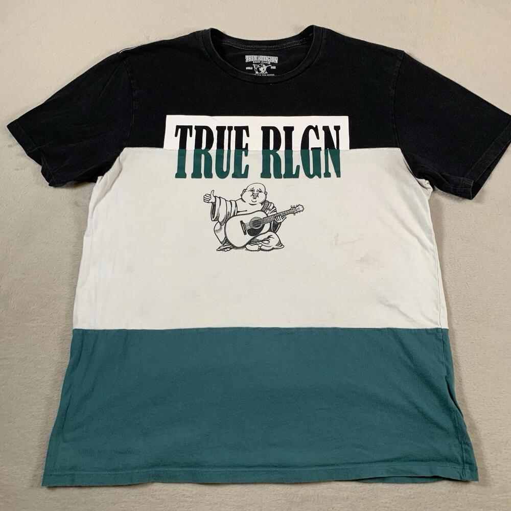 True Religion Shirt Mens XL Black Green‎ Colorblock Short Sleeve Buddha Logo